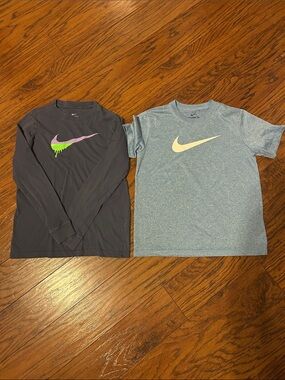 Nike Kids Long Sleeve Navy Tee & Short Sleeve Heather Blue Tee. Medium
